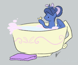 Size: 474x394 | Tagged: safe, artist:egophiliac, princess luna, alicorn, pony, bath, bubble, bun, cute, hair bun, hoof hold, rubber duck, sketch, smiling, solo, teacup, tiny, towel