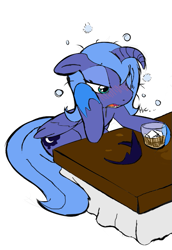 Size: 497x722 | Tagged: safe, artist:0r0ch1, princess luna, alicorn, pony, alcohol, cropped, drunk, drunk luna, floppy ears, limp horn, s1 luna, solo, table