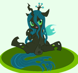 Size: 682x640 | Tagged: safe, artist:masyaharu, queen chrysalis, changeling, changeling queen, cute, cutealis, fangs, frown, glare, looking at you, open mouth, sitting, solo, spread legs, spreading