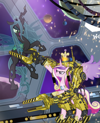 Size: 900x1108 | Tagged: safe, artist:pixelkitties, princess cadance, queen chrysalis, alicorn, alien, changeling, changeling queen, pony, alien (franchise), crossover, female, mech, power loader, space, xenomorph, xenomorph queen