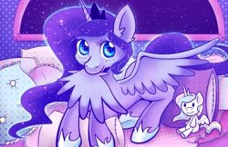 Size: 1545x1000 | Tagged: safe, artist:steveholt, princess luna, alicorn, pony, bed, plushie, preening, solo