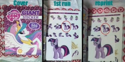 Size: 1280x640 | Tagged: safe, princess celestia, rarity, spike, twilight sparkle, twilight sparkle (alicorn), alicorn, dragon, pony, unicorn, book, comparison, female, mare, merchandise, sticker, target (store), twilight is a lion