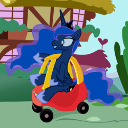 Size: 4320x4320 | Tagged: safe, artist:beavernator, princess luna, alicorn, pony, absurd resolution, cozy coupe, crown, female, hoof shoes, jewelry, mare, regalia, sitting, smiling, solo, toy car