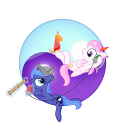 Size: 1920x1920 | Tagged: safe, artist:arvaus, philomena, princess celestia, princess luna, alicorn, pony, cartographer's cap, cewestia, filly, hat, woona, yin-yang