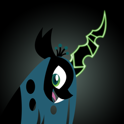 Size: 3000x3000 | Tagged: safe, artist:omegasunburst, queen chrysalis, changeling, changeling queen, cute, cutealis, fangs, female, glowing horn, gradient background, horn, lineless, mare, minimalist, open mouth, profile, smiling, solo