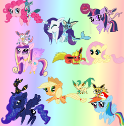 Size: 1024x1039 | Tagged: safe, artist:princessofdestiny114, applejack, fluttershy, pinkie pie, princess cadance, princess luna, rainbow dash, rarity, twilight sparkle, alicorn, earth pony, pegasus, pony, unicorn, crossover, eeveelutions, espeon, flareon, jolteon, leafeon, mane six, ninfia, nymphia, pokémon, pokémon x and y, sylveon, umbreon, vaporeon