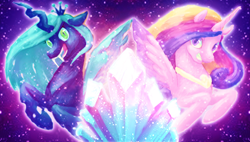 Size: 1920x1089 | Tagged: safe, artist:karnella, princess cadance, queen chrysalis, alicorn, changeling, changeling queen, pony, contrast, crystal, wallpaper