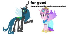 Size: 812x428 | Tagged: safe, princess cadance, queen chrysalis, alicorn, changeling, changeling queen, pony, broadway, my little wicked, parody, princess, song