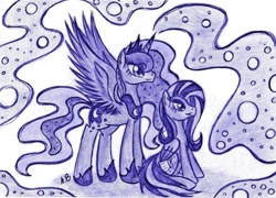 Size: 1024x737 | Tagged: safe, artist:rossmaniteanzu, princess luna, oc, oc:marta, alicorn, pegasus, pony, magic, night, stars, traditional art