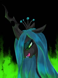 Size: 598x800 | Tagged: dead source, safe, artist:nyonhyon, queen chrysalis, changeling, changeling queen, female, horn, smiling