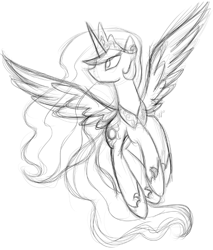 Size: 484x569 | Tagged: safe, artist:sey--yes, princess celestia, alicorn, pony, flying, monochrome, solo