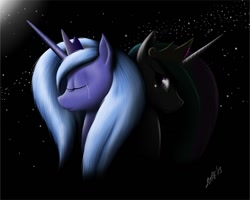 Size: 1223x978 | Tagged: safe, artist:zigword, princess celestia, princess luna, alicorn, pony, crying, portrait, sad, sisters, stars