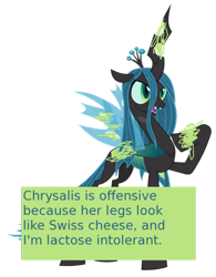 Size: 500x640 | Tagged: safe, queen chrysalis, changeling, changeling queen, cheese, cheeselegs, meta, offensive ponies, queen swissalis, text