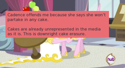 Size: 500x272 | Tagged: safe, screencap, princess cadance, queen chrysalis, alicorn, changeling, changeling queen, pony, a canterlot wedding, cake, meta, offensive ponies, text