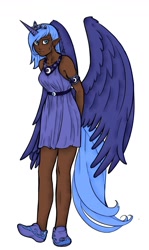 Size: 776x1300 | Tagged: safe, artist:aphexangel, artist:danerboots, princess luna, human, colored, dark skin, horned humanization, humanized, s1 luna, simple background, solo, tailed humanization, winged humanization