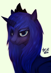 Size: 1748x2480 | Tagged: safe, artist:risterdus, princess luna, alicorn, pony, alternate hairstyle, bust, simple background, smiling, solo