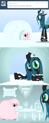 Size: 650x1625 | Tagged: safe, artist:mixermike622, queen chrysalis, oc, oc:fluffle puff, changeling, changeling queen, comic, fluffy, snow, snowfall, tumblr:ask fluffle puff