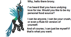 Size: 455x241 | Tagged: safe, queen chrysalis, changeling, changeling queen, bedroom eyes, bronybait, female, horn, text