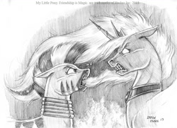 Size: 1100x797 | Tagged: safe, artist:baron engel, princess luna, zecora, alicorn, pony, zebra, angry, monochrome, pencil drawing, screaming, traditional art