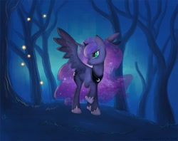 Size: 1000x791 | Tagged: safe, artist:erysz, princess luna, alicorn, firefly (insect), pony, forest, night, solo