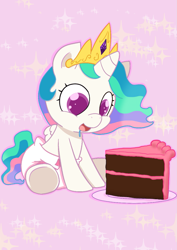 Size: 883x1248 | Tagged: safe, artist:artiecanvas, princess celestia, alicorn, pony, baby, baby pony, cake, cakelestia, cewestia, cute, cutelestia, diaper, filly, foal, poofy diaper, solo, weapons-grade cute