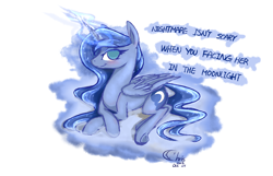 Size: 1280x825 | Tagged: dead source, safe, artist:xcopyen002, princess luna, alicorn, pony, engrish, female, mare, solo