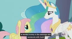 Size: 569x310 | Tagged: safe, screencap, princess celestia, alicorn, pony, keep calm and flutter on, crown, hub logo, mark, meme, money, necklace, youtube caption