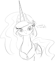 Size: 824x910 | Tagged: safe, artist:zev, princess celestia, alicorn, pony, grayscale, monochrome, solo, waifu