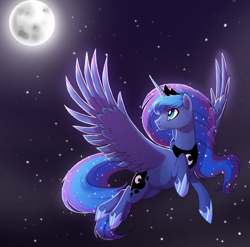 Size: 2209x2186 | Tagged: safe, artist:trippinmars, princess luna, alicorn, pony, female, flying, full moon, mare, moon, night, sky, solo, spread wings, starry night, stars, wings
