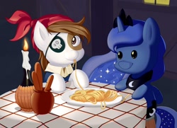 Size: 1920x1392 | Tagged: safe, artist:dstears, pipsqueak, princess luna, alicorn, pony, candle, cute, eating, female, filly, lady and the tramp, lunapip, male, pipsqueak eating spaghetti, plushie, shipping, smiling, spaghetti, spaghetti scene, straight, style emulation, waifu dinner, woona