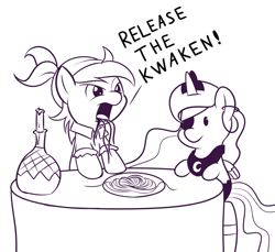 Size: 800x734 | Tagged: safe, artist:dstears, pipsqueak, princess luna, alicorn, pony, candle, clash of the titans, cute, female, filly, kraken, lineart, lunapip, male, monochrome, pipsqueak eating spaghetti, pirate, pirate costume, pirates of the caribbean, plushie, release the kraken, shipping, spaghetti, straight, style emulation, waifu dinner, woona