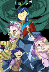 Size: 1507x2222 | Tagged: safe, artist:itsaaudraw, princess cadance, queen chrysalis, shining armor, twilight sparkle, changeling, a canterlot wedding, bouquet, disguise, disguised changeling, fake cadance, humanized