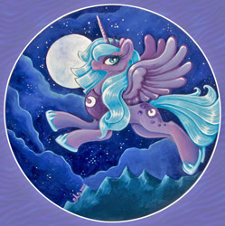 Size: 697x700 | Tagged: safe, artist:krumm33, princess luna, alicorn, pony, flying, moon, night, solo, traditional art