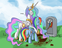 Size: 910x700 | Tagged: safe, princess celestia, rainbow dash, alicorn, pegasus, pony, undead, butt, celestia's grave meme, exploitable meme, female, good end, implied death, mare, meme, plot, resurrection, revived