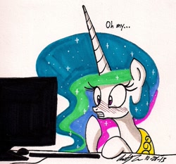 Size: 991x923 | Tagged: safe, artist:newyorkx3, princess celestia, alicorn, pony, blushing, computer, solo, traditional art