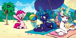 Size: 2000x1000 | Tagged: safe, artist:kp-shadowsquirrel, artist:kp-shadowsquirrel edits, pinkie pie, princess celestia, princess luna, rainbow dash, alicorn, earth pony, pegasus, pony, alternate hairstyle, beach, beach ball, big no, blue feather, cloud, cup, drink, drinking, feather, female, floppy ears, hiding, ice cream, ice cream cone, magic, mare, missing accessory, palm tree, ponytail, royal sisters, sand, sky, straw, telekinesis, tree, umbrella, unhappy, wide eyes