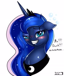 Size: 1823x2179 | Tagged: safe, artist:skyart301, princess luna, alicorn, pony, bust, dialogue, drunk, drunk luna, female, looking at you, mare, portrait, simple background, smiling, solo, white background