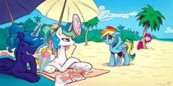 Size: 2000x1000 | Tagged: safe, artist:kp-shadowsquirrel, artist:kp-shadowsquirrel edits, pinkie pie, princess celestia, princess luna, rainbow dash, alicorn, earth pony, pegasus, pony, alternate hairstyle, beach, celestia is not amused, drink, female, frisbee, ice cream, ice cream cone, mare, missing accessory, palm tree, ponytail, royal sisters, this will end in tears and/or a journey to the moon, tree, unamused, you dun goofed