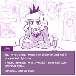 Size: 700x700 | Tagged: safe, artist:romanrazor, princess luna, human, clothes, dating sim, dialogue, grumpy luna, humanized, monochrome, parody, solo