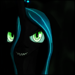 Size: 900x900 | Tagged: safe, artist:aaronmk, queen chrysalis, changeling, changeling queen, black background, bust, female, simple background, smiling, solo