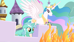 Size: 1024x576 | Tagged: safe, artist:gentlemanpanda, lyra heartstrings, princess celestia, alicorn, pony, female, fire