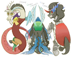 Size: 600x480 | Tagged: safe, artist:ezoisum, discord, king sombra, queen chrysalis, changeling, changeling queen, pony, unicorn, antagonist, simple background