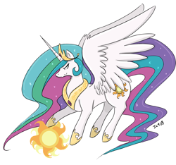 Size: 958x897 | Tagged: safe, artist:elenawing, princess celestia, alicorn, pony, crown, female, horn, mare, multicolored mane, multicolored tail, solo, white coat, white wings, wings