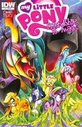 Size: 300x467 | Tagged: safe, idw, applejack, fluttershy, pinkie pie, queen chrysalis, rainbow dash, rarity, twilight sparkle, changeling, changeling queen, earth pony, pegasus, pony, unicorn, comic, comic cover, cover, mane six, official, official comic