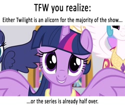 Size: 1000x861 | Tagged: safe, princess celestia, princess luna, twilight sparkle, twilight sparkle (alicorn), alicorn, pony, drama, looking at you, op is trying to start shit, text, tfw