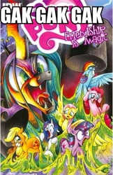 Size: 302x467 | Tagged: safe, artist:andypriceart, idw, applejack, fluttershy, pinkie pie, queen chrysalis, rainbow dash, rarity, twilight sparkle, changeling, changeling queen, earth pony, pegasus, pony, unicorn, the return of queen chrysalis, gak, mane six, scared, slime