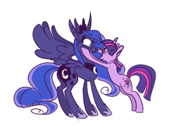 Size: 1024x768 | Tagged: safe, artist:swagliad, princess luna, twilight sparkle, alicorn, pony, unicorn, crown, female, horn, jewelry, mare, regalia, simple background, wings