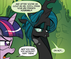 Size: 317x263 | Tagged: safe, artist:andypriceart, idw, queen chrysalis, twilight sparkle, changeling, changeling queen, the return of queen chrysalis, spoiler:comic, spoiler:comic04, angry, duckface, evil, official comic, reflection, stupid sexy chrysalis