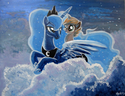 Size: 995x768 | Tagged: safe, artist:yulyeen, princess luna, oc, oc:gari, alicorn, pony, children of the night, painting