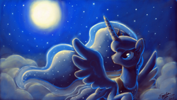 Size: 800x450 | Tagged: safe, artist:sewyouplushiethings, princess luna, alicorn, pony, cloud, cloudy, moon, night, solo